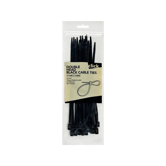 Click 225mm Black Double Headed Cable Tie - 25 Pack