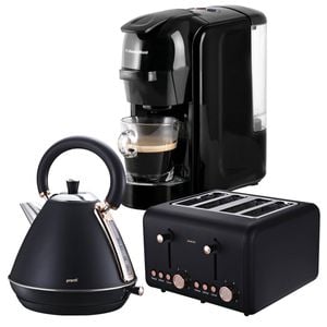 Pronti 3-in-1 Black Breakfast Set Kettle, 4-Slice Toaster & Pronti HomeMaid Coffee Machine Combo