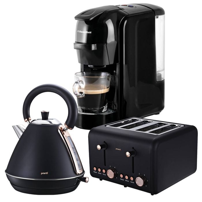 Pronti 3-in-1 Black Breakfast Set Kettle, 4-Slice Toaster & Pronti HomeMaid Coffee Machine Combo