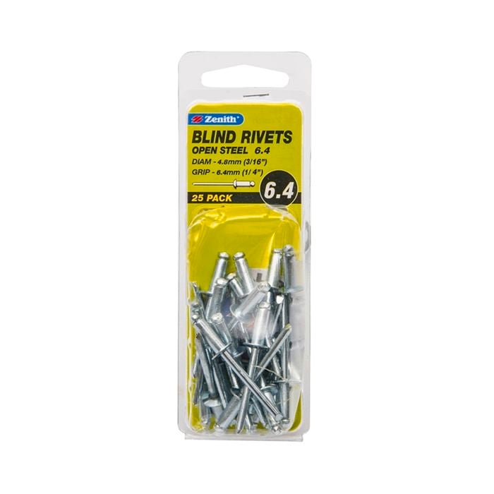 Zenith Blind Rivet Open Steel 3/16"D x 1/4"G  25pk