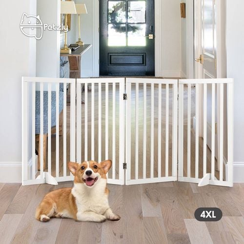 Petzly Pet Gate Dog Fence Safety Barrier with Support Feet 4 Panel 80cm White Bunnings Australia