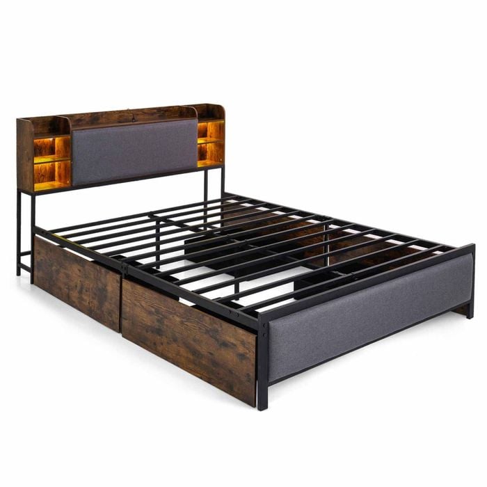 Costway Led Bed Frame 4 Storage Drawer Charging Metal Platform Bed
