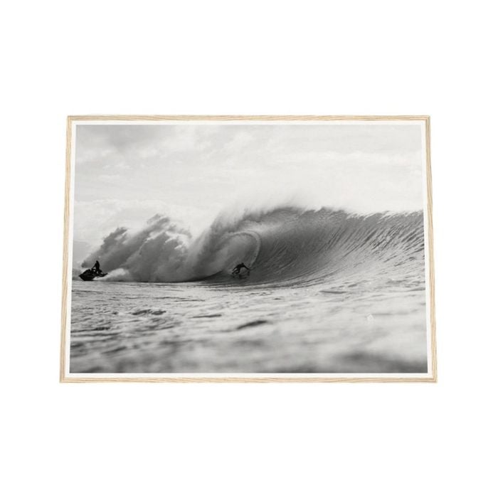 Galrie Stunning Black and White Surfing Photography - Surfing Big Break Art Print, Wood Frame, A3 30 x 42cm (12 x 16inch)