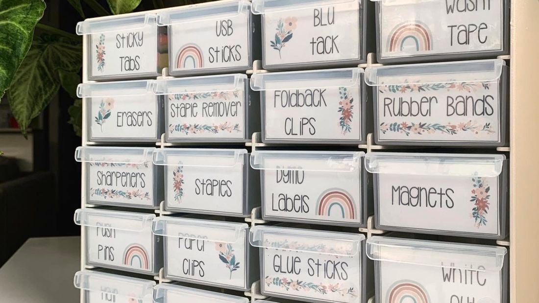 Toolbox with drawers labelled to hold craft items.