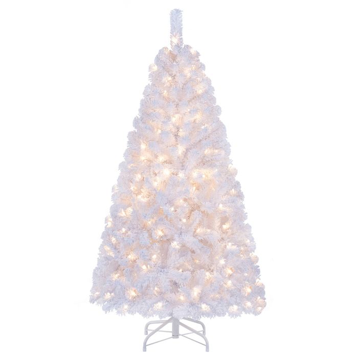 Costway 150cm Artificial Christmas Tree White Xmas Tree w/160 LED Lights 8 Lighting Effects-White