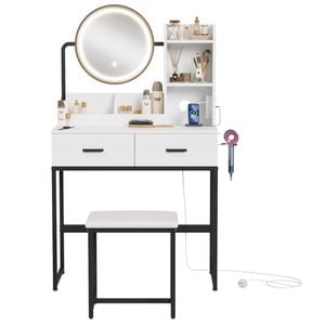 Advwin Dressing Table Makeup Vanity Desk Stool With Led Light&charging Station Rotating Mirror White& Black