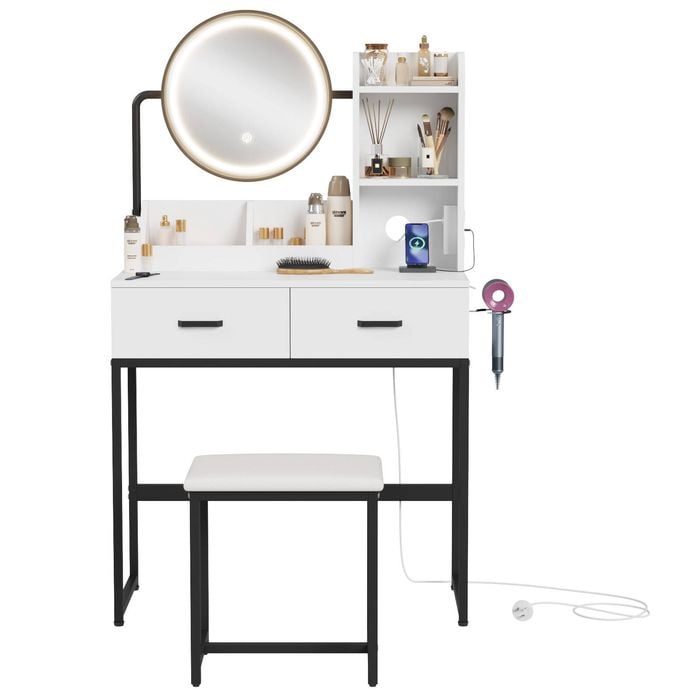 Advwin Dressing Table Makeup Vanity Desk Stool With Led Light&charging Station Rotating Mirror White& Black