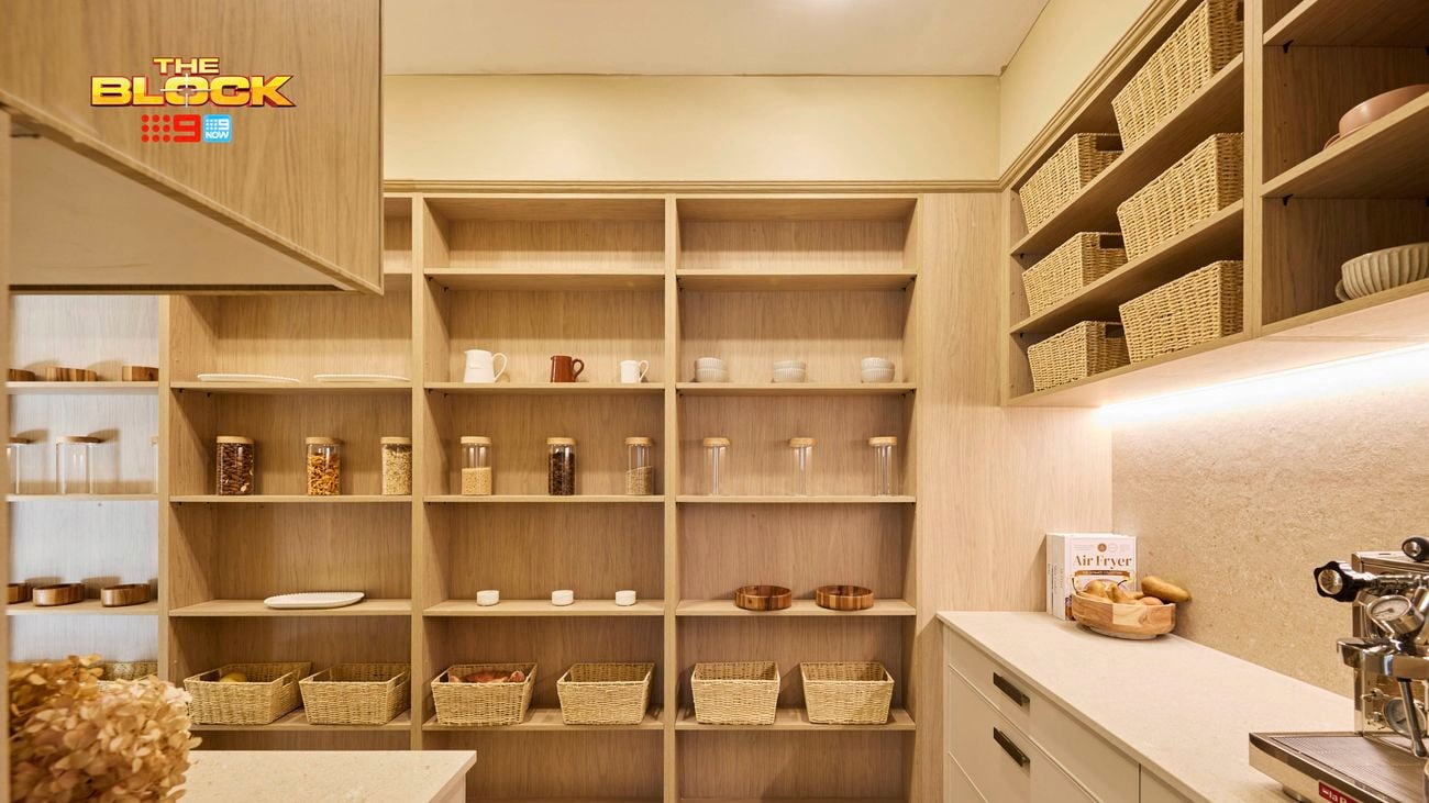 Butler’s pantry from The Block with open shelving, storage baskets, and a coffee station.