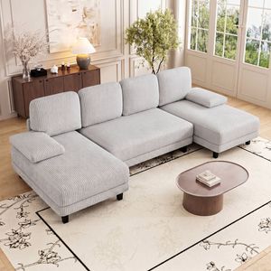 Advwin 280cm 4 Seater Sectional Sofa Corduroy Fabric U Shape Couch Modern Sofa Couch with Double Chaise Grey