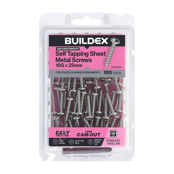 Buildex 10G x 25mm SS316 Self Tapping Sheet Metal Screws - 100 Pack