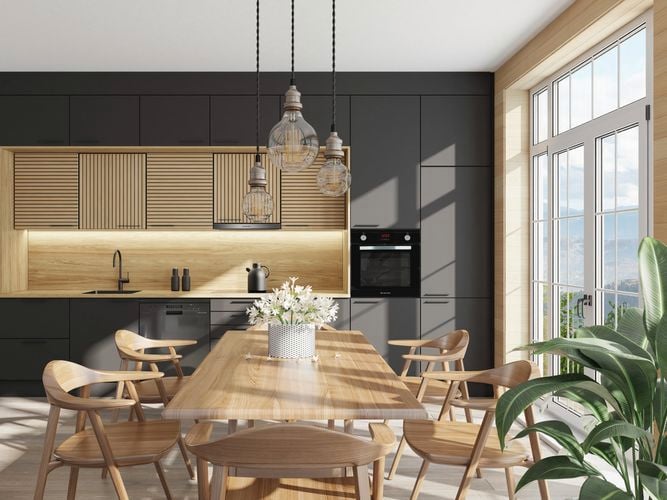 Sunlit apartment kitchen with Multifunction Oven, Fully Integrated Fridge Freezer, Slideout Rangehood and Black Stainless Steel Dishwasher