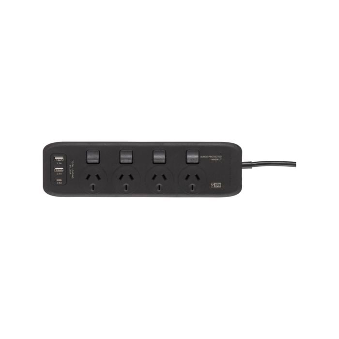HPM 4 Outlet Black General Purpose USB Switched Powerboard