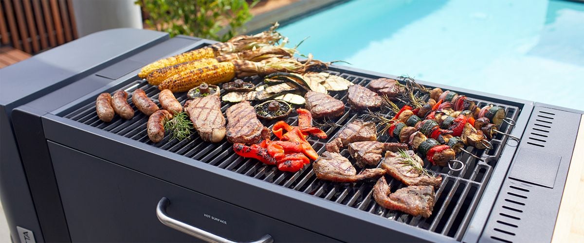 A great looking breakfast on a grill by the pool