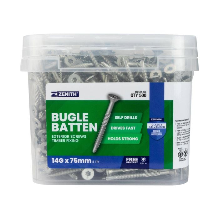ZENITH 14G - 8 x 75mm Class 3 Galvanised Bugle Batten Screws - 500 Pack