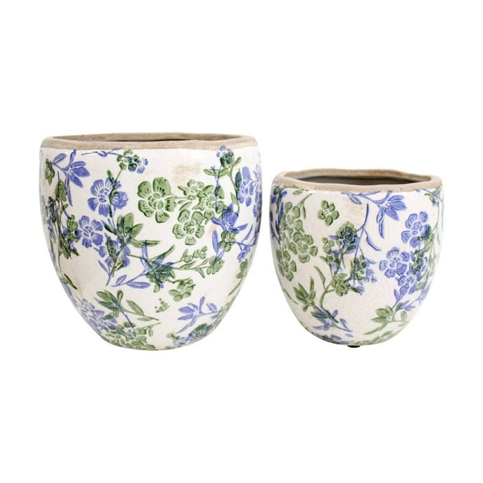 2pc Lvd Handcrafted Botanical Blue Ceramic Planter Set Outdoor Decor Lrg/sml