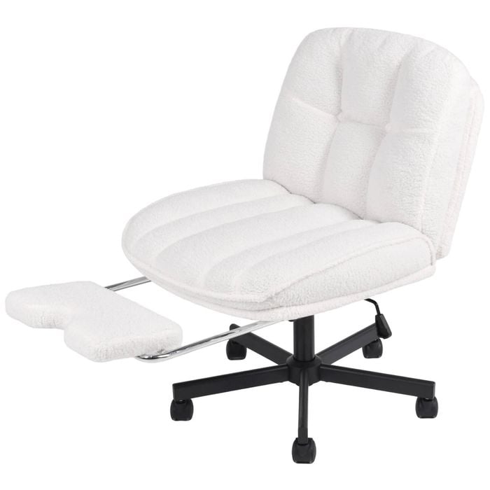 Ufurniture Armless Ergonomic Office Chair With Footstool, Teddy Fleece Study Chair With Rocking Function, White