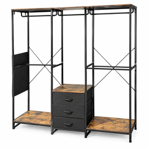 Ufurniture L Shaped Clothes Rack with 3 Drawers 6 Hang Rods Black+Brown