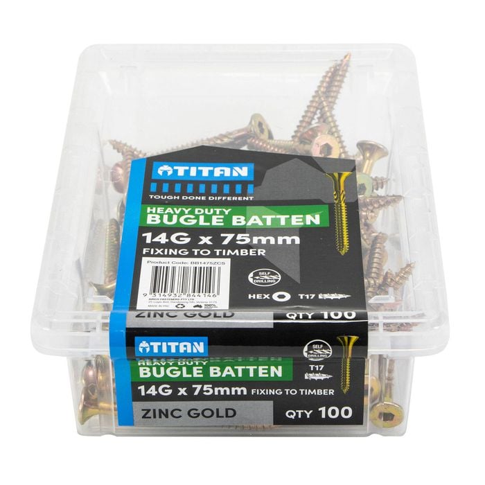 Titan 14g x 75mm Zinc Gold Timber Bugle Batten Screw - 100 Pack
