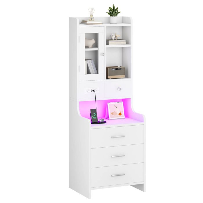 Ufurniture Tall LED Bedside Table with 4 Drawers, 6 Shelves, Charging Station & Glass Door Cabinet, for Bedroom, Home Office