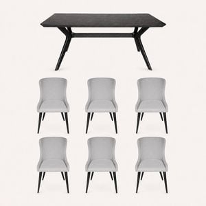 SK Designer Living | 7-Piece Dining Set | Doreen Wood Dining Table 180cm & Osaka Upholstered Chair | Black - Light Grey Fabric