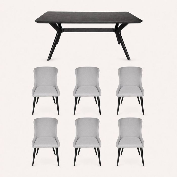 SK Designer Living | 7-Piece Dining Set | Doreen Wood Dining Table 180cm & Osaka Upholstered Chair | Black - Light Grey Fabric
