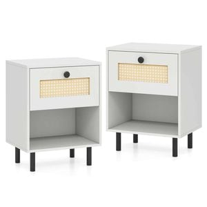 Costway 2x Rattan Nightstand Boho Bedside Sofa Side Drawer Shelf Metal