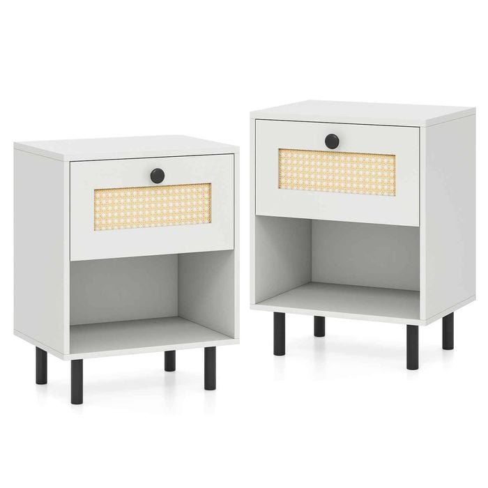 Costway 2x Rattan Nightstand Boho Bedside Sofa Side Drawer Shelf Metal