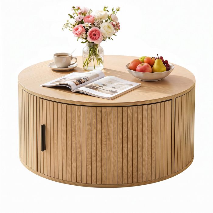 Artiss Round Coffee Table Storage Fluted Wood 80cm
