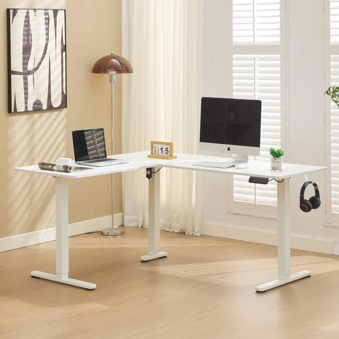 L Shaped Standing Desk Adjustable Height, Electric Corner Standing Desk, Sit & Stand Home Office Desk with Splice Board, White