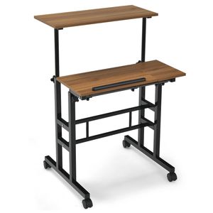 Costway Mobile Stand up Computer Desk Laptop Cart w/2 Tilting Desktops Adjustable Office Workstation Brown