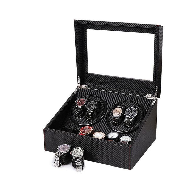 Catzon Watch Winder Display Box With Quiet Motor And 6 Jewellery Display Grids-blackcarbonfiber