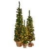 Christabelle Set of 3 Pre-Lit Christmas Trees Green Pine LED Lights Hessian Base Individual Plugs Varying Heights