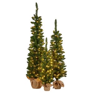 Christabelle Set of 3 Pre-Lit Christmas Trees Green Pine LED Lights Hessian Base Individual Plugs Varying Heights