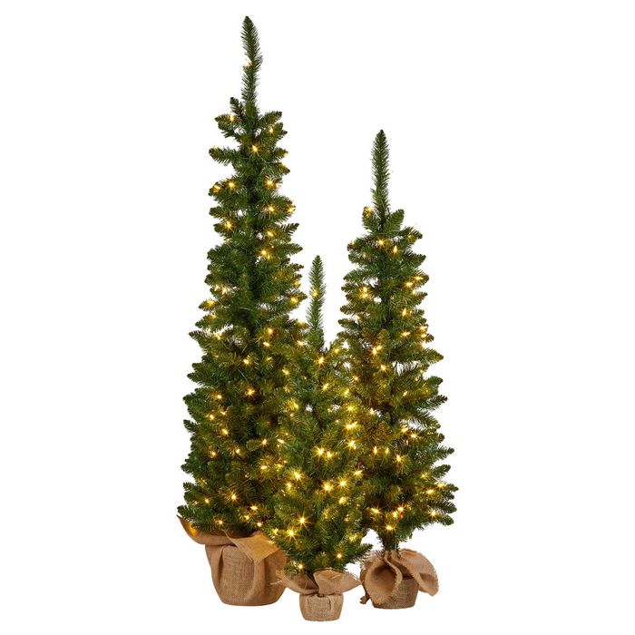 Christabelle Set of 3 Pre-Lit Christmas Trees Green Pine LED Lights Hessian Base Individual Plugs Varying Heights