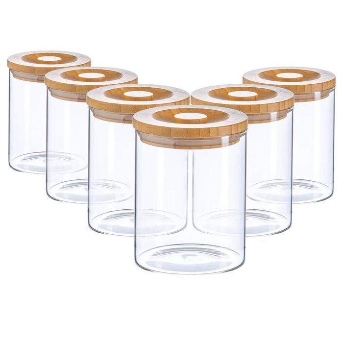 Argon Tableware Glass Storage Jars -wooden Lid - 750ml - Modern Round Scandi Organisation Container Glass Jar - Set Of 6