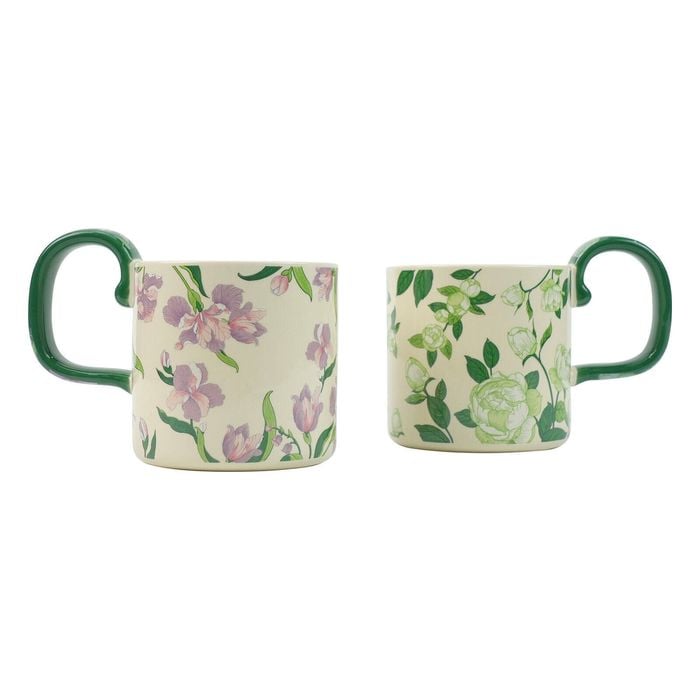 2 Set 400ml Green High-Fired Ceramic Porcelain Mug Set with Lid Tea Spoon Vintage Floral