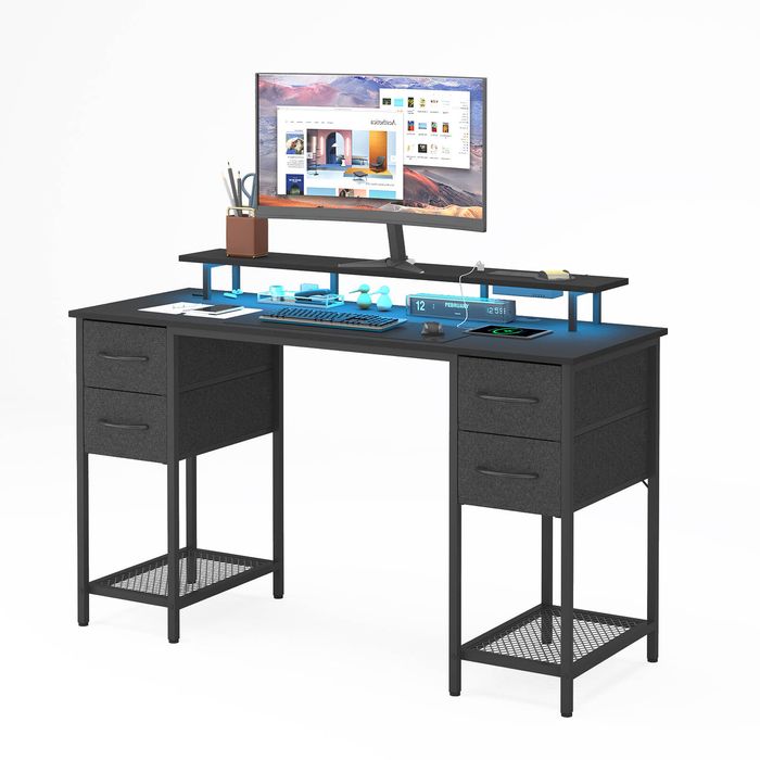 Advwin 137cm Black Computer Desk with LED Lights Power Outlets Gaming Desk