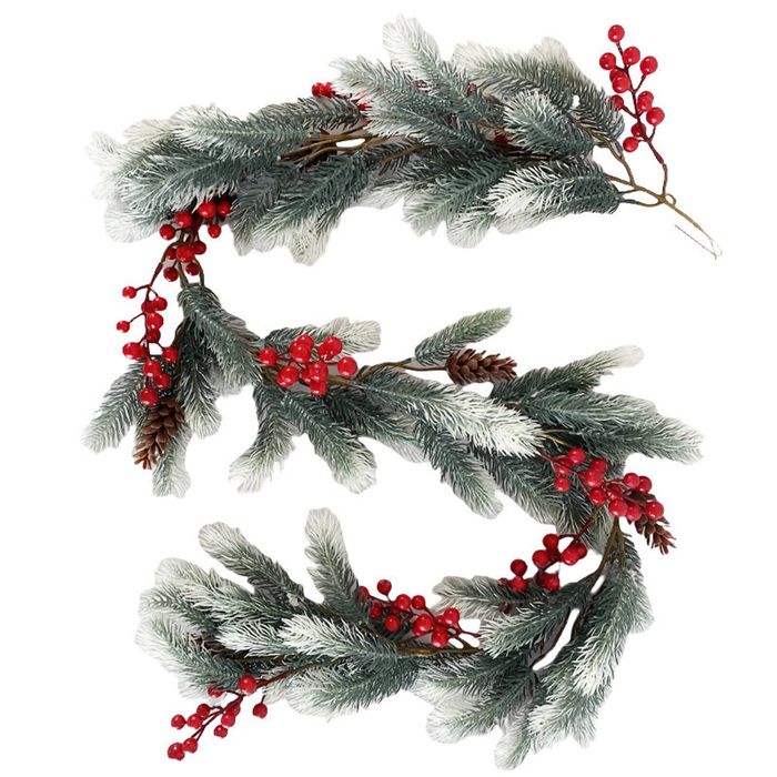 Catzon 5Ft Christmas Garland with Red Berry Pinecones-White