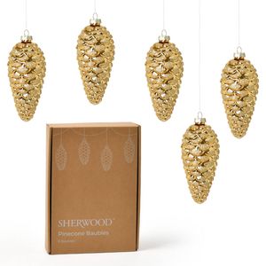 Sherwood Christmas Pinecone Metallic Glass Baubles (6 Pack) 7x16cm Gold
