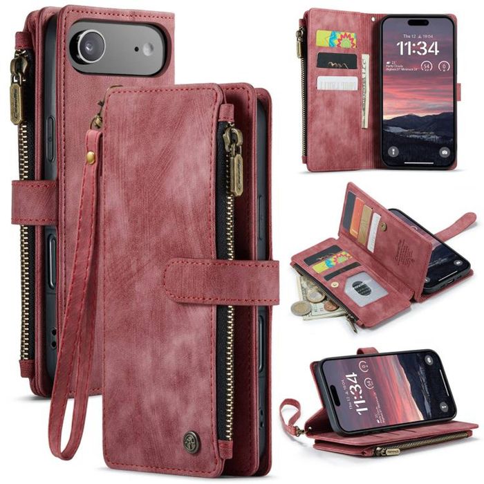 CaseMe C30 For Apple iPhone 17 Air Vintage Leather Folio Zipper Wallet Case and 7 Card Slots (Red)
