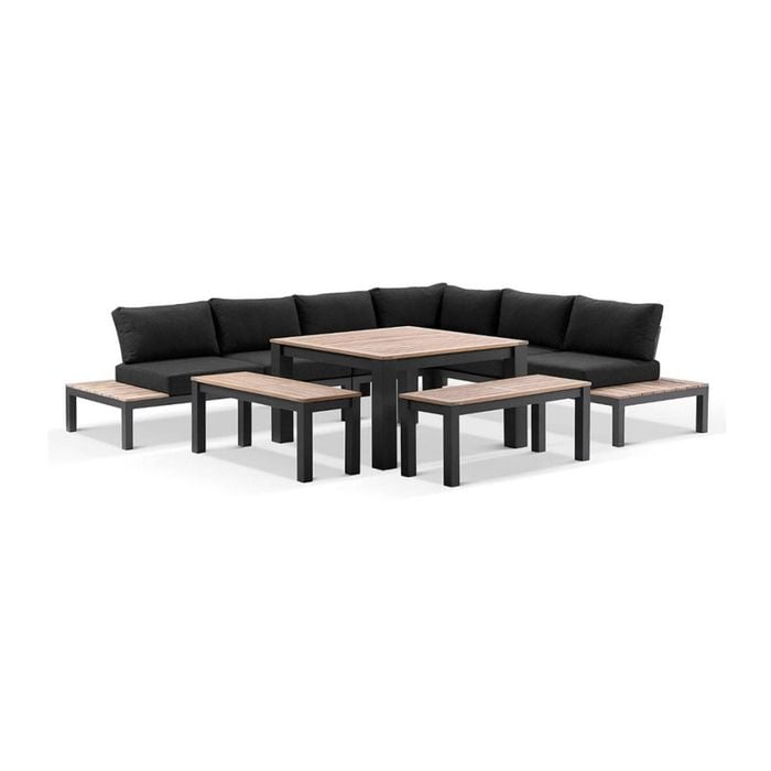 Nova Outdoor Aluminium Lounge And Dining Setting Charcoal With Single Modular & Denim Grey Cushions