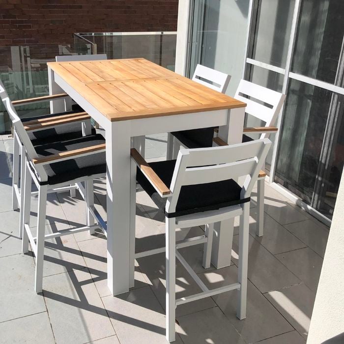 Outdoor Balmoral 1.5M Aluminium Bar Table With 6 Capri Bar Stools White Bunnings Australia