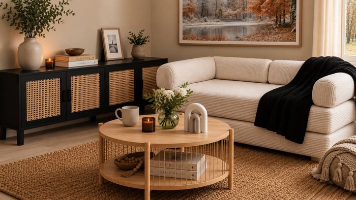 Cozy, neutral-toned living room featuring a cream sectional sofa with a black throw blanket, a round wooden coffee table with flowers, candles, and decorative objects, and a black sideboard with woven cane doors. A large framed autumn landscape artwork hangs above the sofa, while plants, books, and soft natural light from a nearby window create a warm, inviting atmosphere.