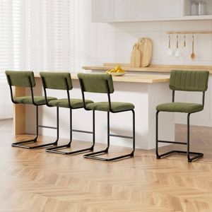 HOMFURN Set of 4 Velvet Bar Stools, 65cm Seat Height, Cantilever Steel Frame, Green Kitchen Counter Chairs, 150kg Capacity