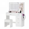 Advwin Dressing Table Stool w/ Mirror Lights Charging Station & 4 Drawers White