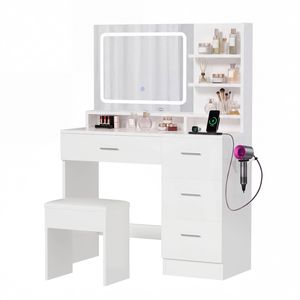 Advwin Dressing Table Stool w/ Mirror Lights Charging Station & 4 Drawers White