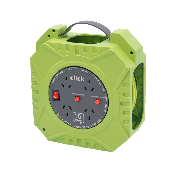 Click 15m Green and Grey Domestic 4 Outlet Cable Reel