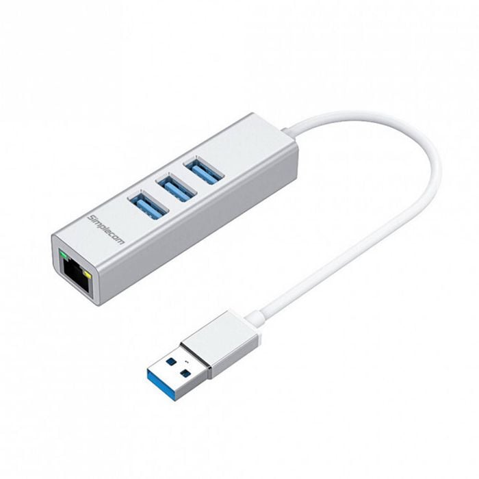Simplecom Chn420 Silver Aluminium 3 Port Superspeed Usb Hub With Gigabit Ethernet Adapter