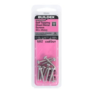 Buildex 8G x 25mm SS316 Self Tapping Sheet Metal Screws - 10 Pack
