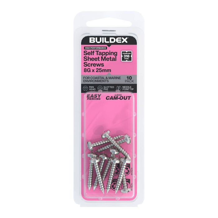 Buildex 8G x 25mm SS316 Self Tapping Sheet Metal Screws - 10 Pack